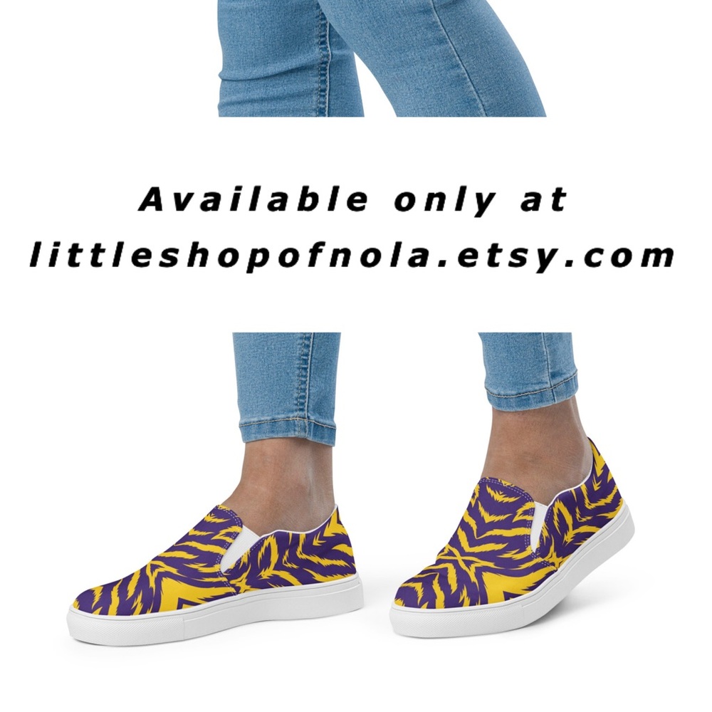 NEW Purple Gold Tiger Stripes Game Day Womens Comfy Slip On Shoes - Picture 2 of 16